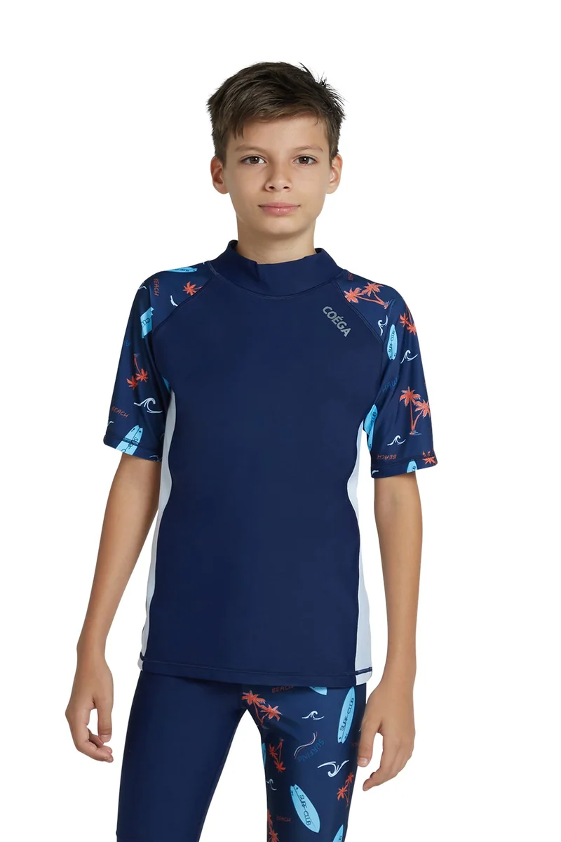 COEGA  Boys Youth Rashguard Short Sleeve - Navy Peach Palms
